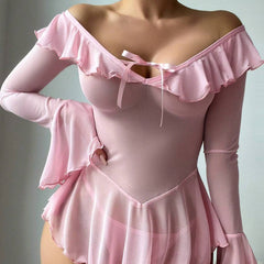Cross-Border Foreign Trade European and American Sexy See-Through Mesh Dress Temptation Off-Shoulder Pure Desire Style Uniform Sexy Lingerie