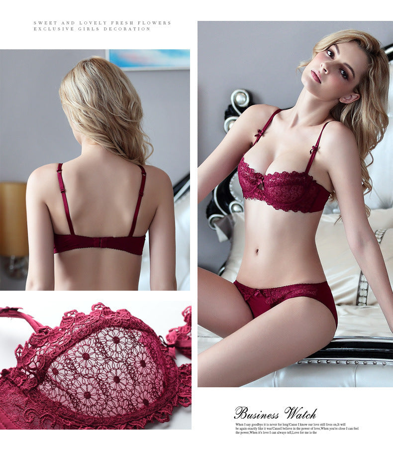 European and American Sexy Bra Set Ultra-thin Semi-transparent Half Cup Lace Bra Small Chest Push-up Anti-sagging Plus Size Bra