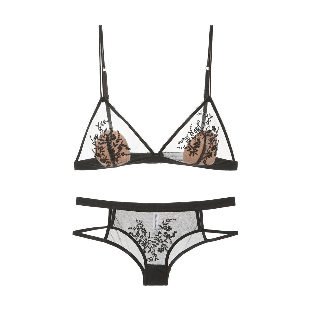 Cross-Border European and American French Style Lingerie Sexy Ultra-Thin See-Through Lace Embroidery Large Bust Minimizer Triangle Cup Bra Set
