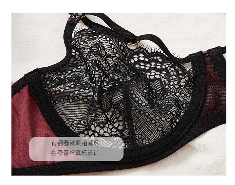 European and American Cross-Border Hot-Selling Sexy Lace Bra for Women, Tempting Large Bust, Minimizing, with Straps T Sexy Lingerie Set