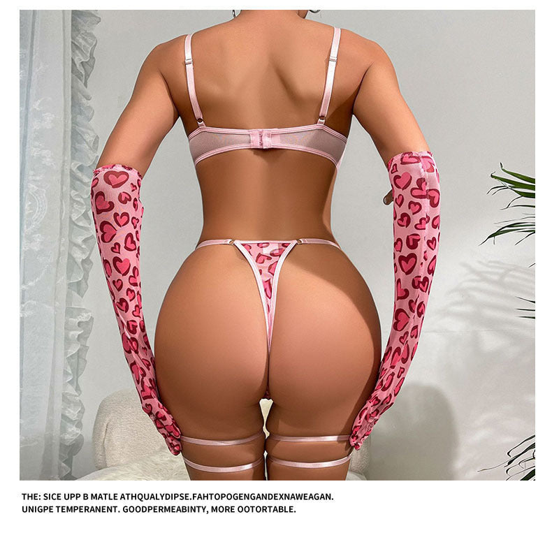 Cross-Border Foreign Trade Hot-Selling Sexy Mesh Leopard Print Metal Chain Lingerie Set with Gloves and Leg Rings Four-Piece Set