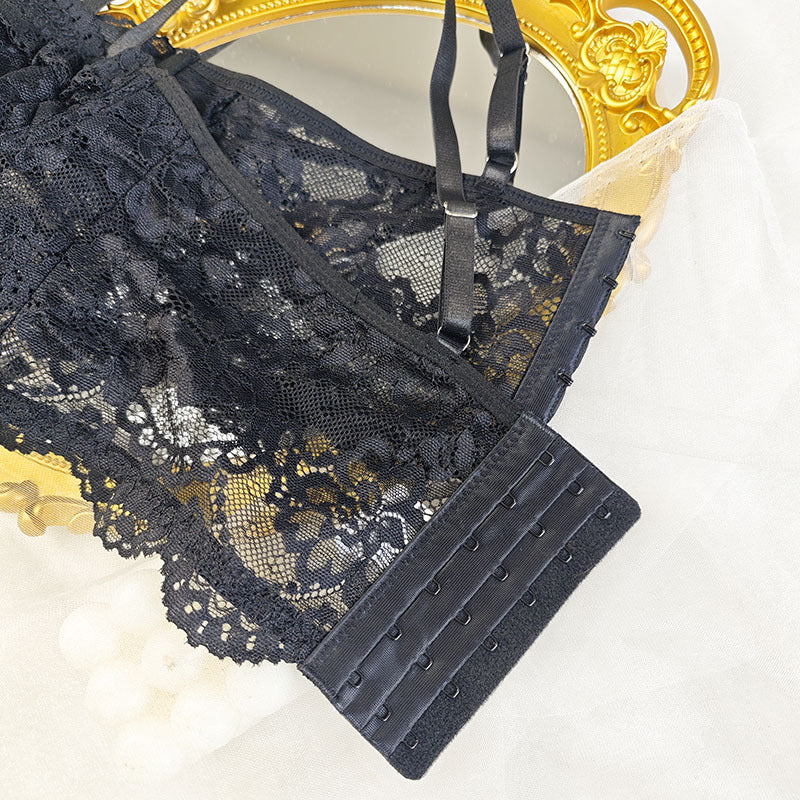 Cross-Border Hot-Selling Pure Desire Style Sexy Lace Hollow Design See-Through Strap Underwire Lightweight Erotic Lingerie Two-Piece Set