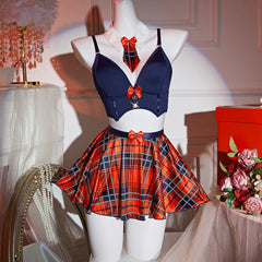 Cross-Border Foreign Trade Sexy Lingerie for Women Temptation Passion Uniform Bra Plaid Short Skirt Thong Three-Piece Set