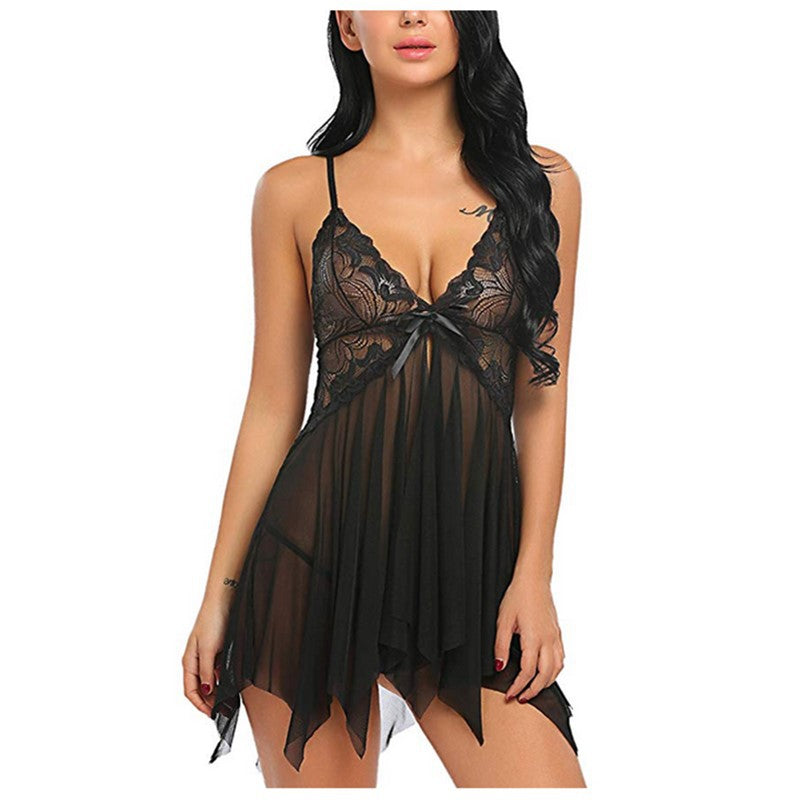 New European and American Spring Summer New Women's Sexy Lace Nightdress Lace Deep v Strappy Sexy Nightwear Homewear Set
