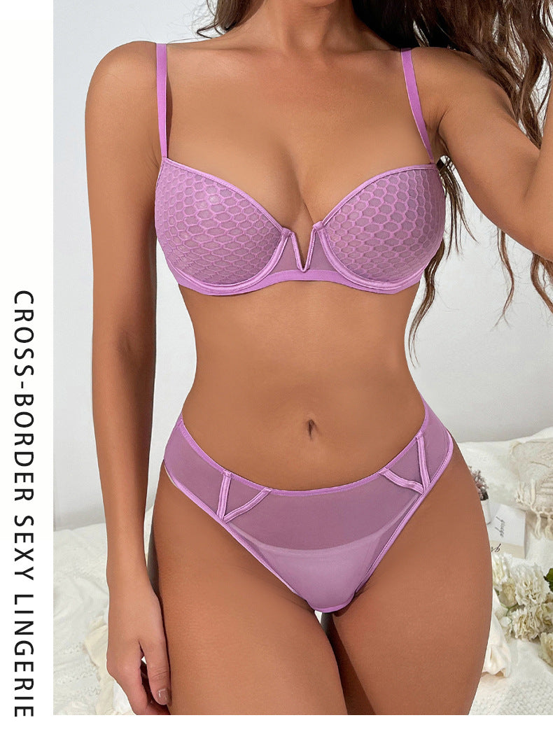 Cross-Border French Lace Lingerie Sexy Honeycomb Pattern Ultra-Thin Soft Underwire Bra Large Bust Minimizer Plus Size Bra Set