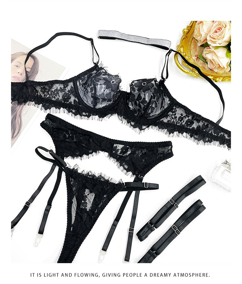 Amazon European and American French Style Sexy Lingerie Women's Ultra-Thin Embroidered Lace See-Through Temptation Thong Five-Piece Set