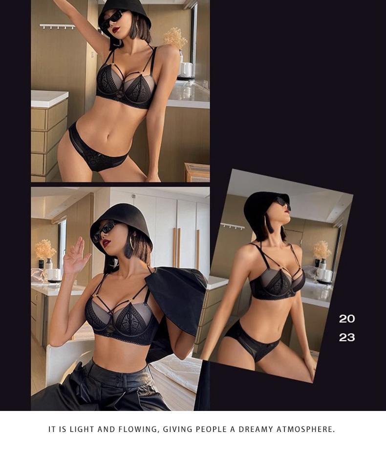 Cross-Border European and American Style French Lingerie Sexy Lace Strap Design Large Bust Push-Up Anti-Sagging Bra Set