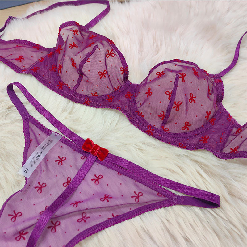 European and American Cross-Border Hot-Selling Sexy Lingerie for Women Ultra-Thin Flocked Printed Mesh Lace French Lingerie Set