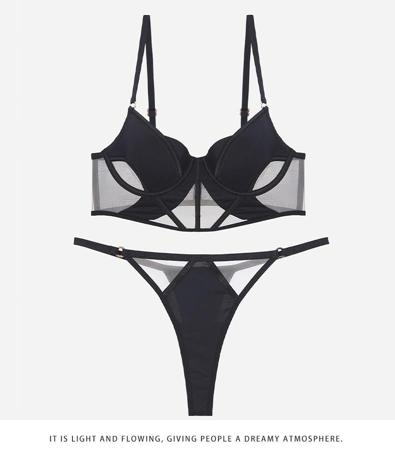 Cross-Border Sexy Lingerie for Women French Style Thin Cotton Smooth Mesh Fishbone Bra Set for Large Bust Minimizing Anti-Sagging Bra Set