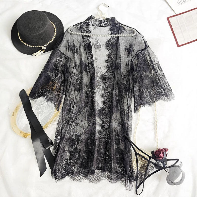 European and American Cross-Border Sexy Lace Eyelash Trim Long Slit Mesh Erotic See-Through Long Sleeve Nightgown Robe In Stock
