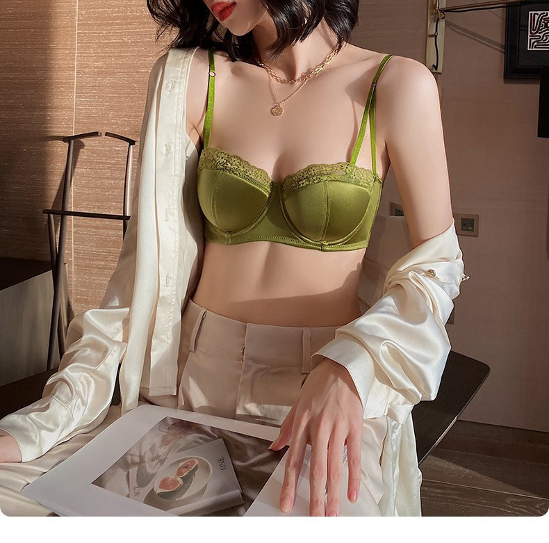Cross-Border Hot-Selling French Lace Lingerie Women Sexy Thin Satin Large Bust Minimizer Anti-Sagging Bra Set