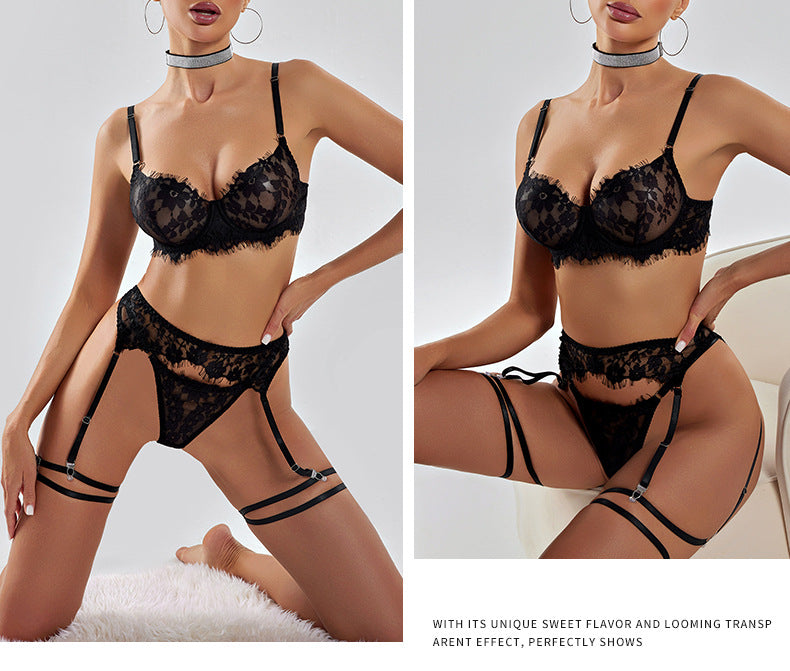 Amazon European and American French Style Sexy Lingerie Women's Ultra-Thin Embroidered Lace See-Through Temptation Thong Five-Piece Set