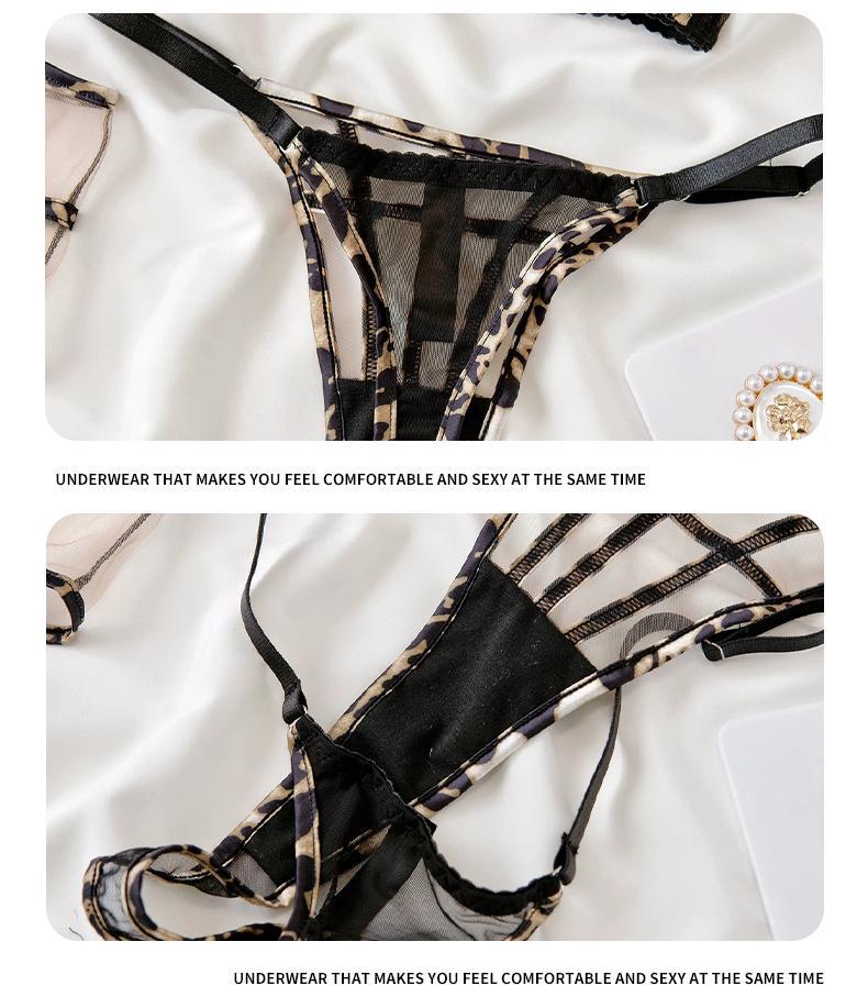 Cross-Border European and American Style French Lingerie Sexy Tie Leopard Print Temptation Mesh See-Through Big Chest Minimizer Erotic Three-Piece Set