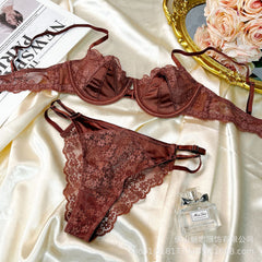 French Style Sexy Lingerie for Women Lace Girl Satin Embroidery Print Large Bust Minimizer Push-Up Bra Set