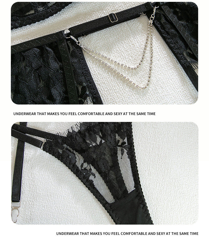 European and American Hot-Selling Sexy Lingerie for Women with Embroidered Eyelash Edge, Rhinestone Neck Ring, Garter Belt, Bra, and Five-Piece Set