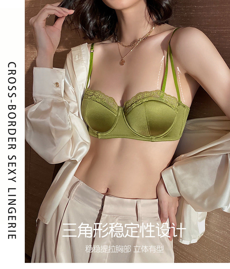 Cross-Border European and American Style French Lingerie Women Sexy Thin Lace Satin Bra Large Bust Minimizer Anti-Sagging Bra Set