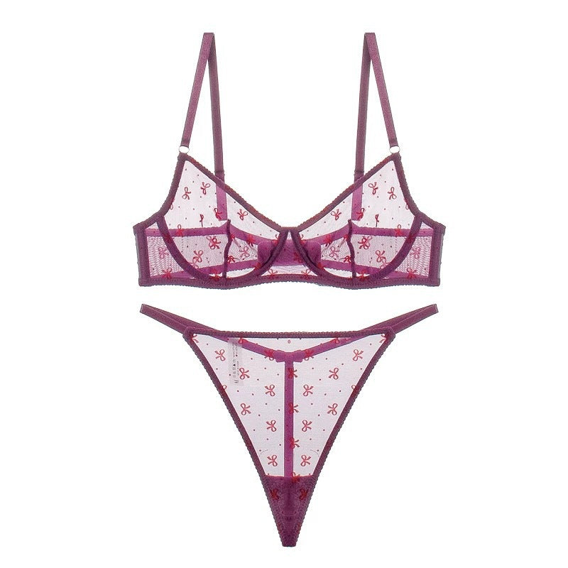 European and American Cross-Border Hot-Selling Sexy Lingerie for Women Ultra-Thin Flocked Printed Mesh Lace French Lingerie Set