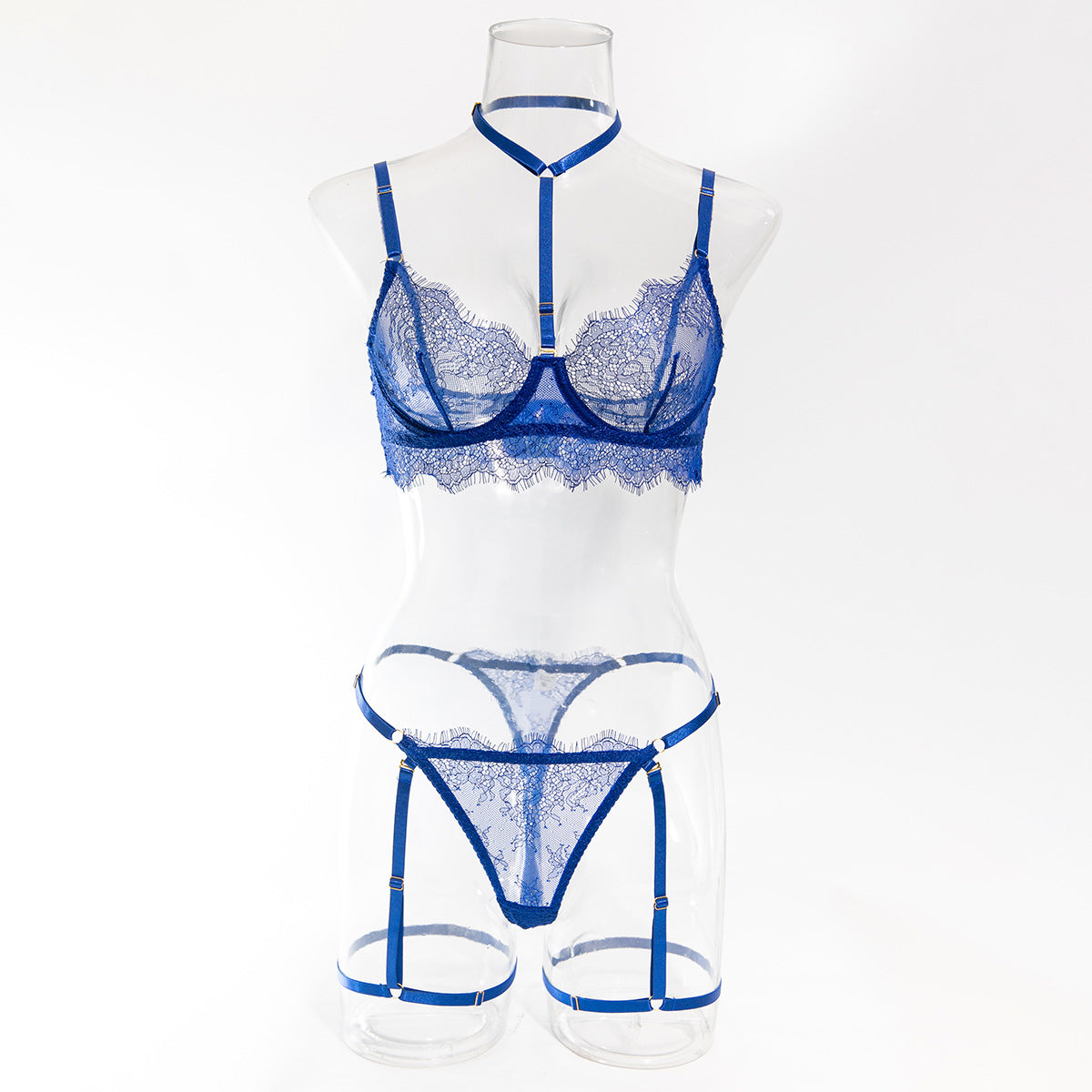 European and American Cross-Border Sexy Lingerie Four-Piece Set Sexy Hollow Lace Eyelash Halter Neck Lingerie with Detachable Leg Rings