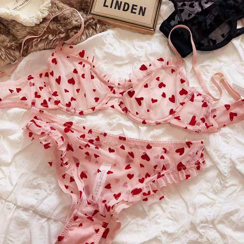 Summer Hot-Selling Cross-Border Sexy Lace Lingerie Big Chest Minimizer See-Through Heart Print Women's Erotic Lingerie Two-Piece Set