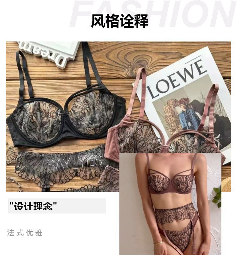 Cross-Border Hot-Selling Sexy Lingerie Lace Ultra-Thin Mesh Printed Large Bust Minimizing Camisole Sexy Lingerie Three-Piece Set for Women