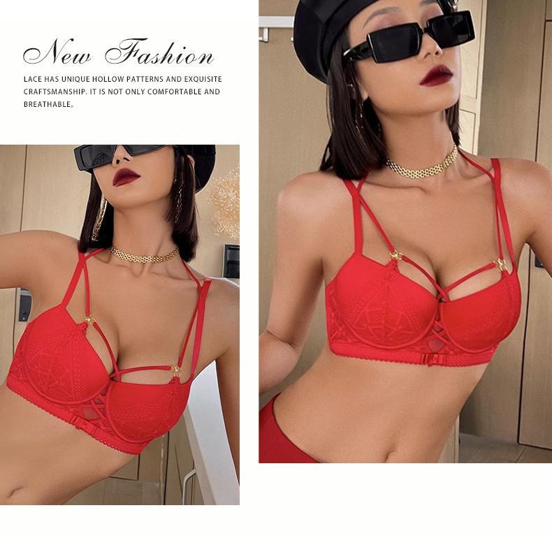 Cross-Border European and American Style French Lingerie Sexy Lace Strap Design Large Bust Push-Up Anti-Sagging Bra Set