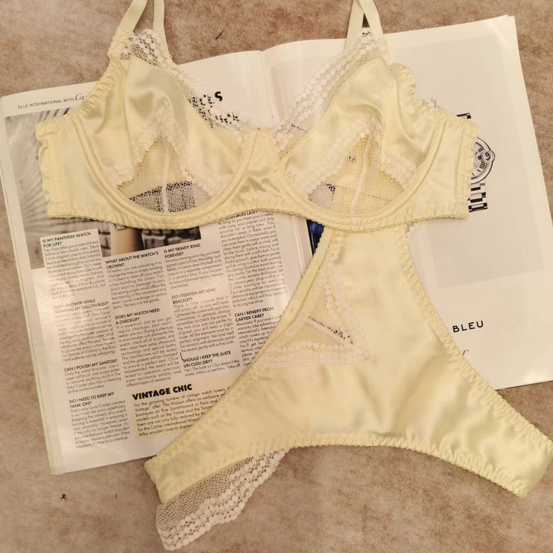 European and American Cross-Border French Style Lingerie Summer Sexy Ultra-Thin Mesh Patchwork Satin Lace Large Bust Minimizer Bra Set