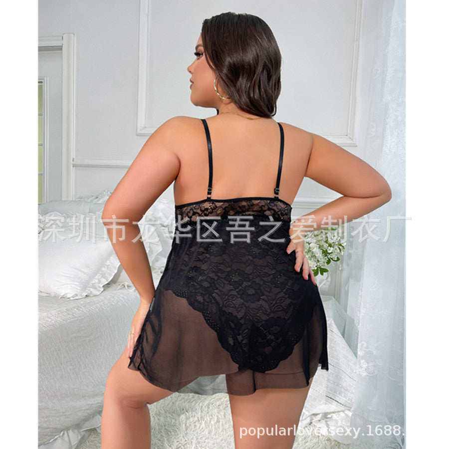 2024New Sexy Lingerie See-through Lace Temptation One-piece Camisole Sexy Nightdress V Cross Collar Cardigan Pajamas