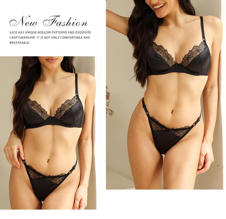 European and American Cross-Border Sexy Lingerie French Style Sexy Lace Bra Satin Color Large Bust Minimizer Push-Up Bra Set