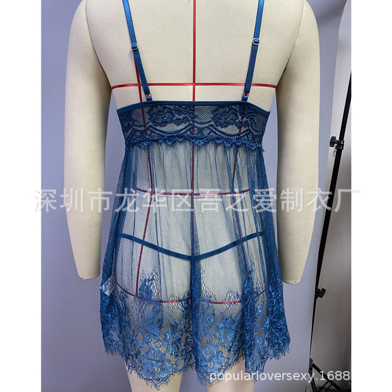New Foreign Trade European and American Style Sexy Women's Camisole Embroidered Lace Temptation Nightdress Solid Color Satin Pajamas Homewear In Stock