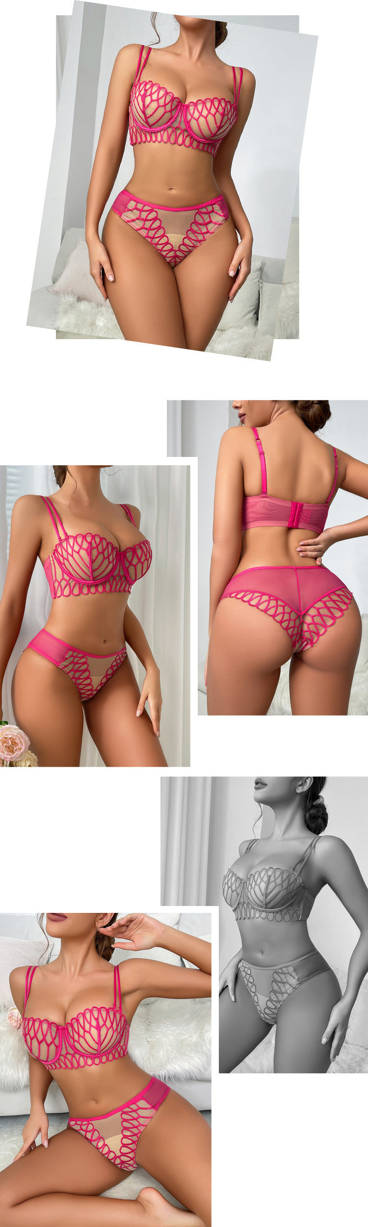 Cross-Border European and American Style French Lingerie Sexy Set Ultra-Thin See-Through Mesh Large Bust Minimizer Anti-Sagging Lace Bra