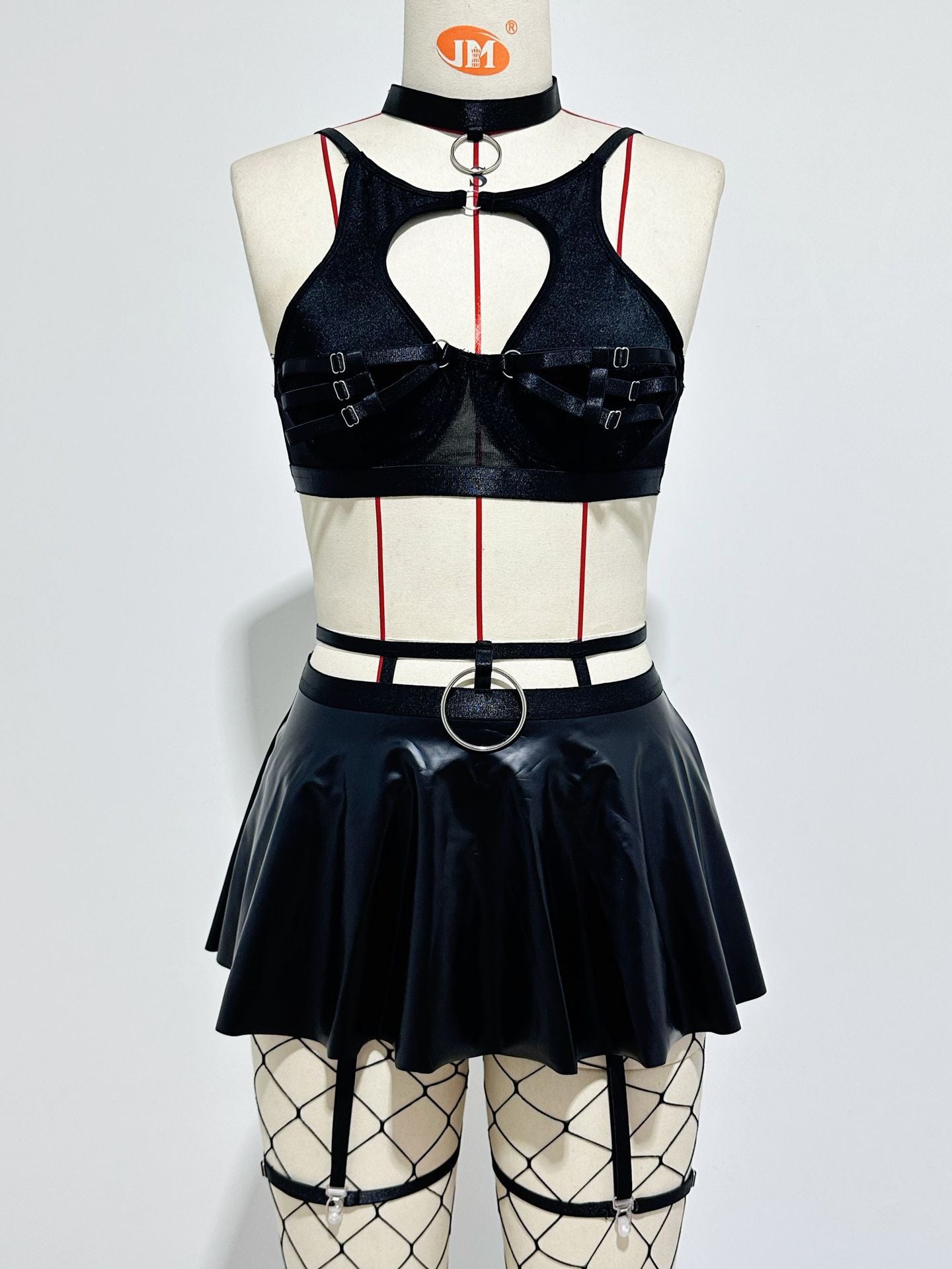 European and American AliExpress Hot-Selling Sexy Lingerie Solid Color Leather Skirt with Fishnet Stockings Tie-Up Push-Up Bra Set