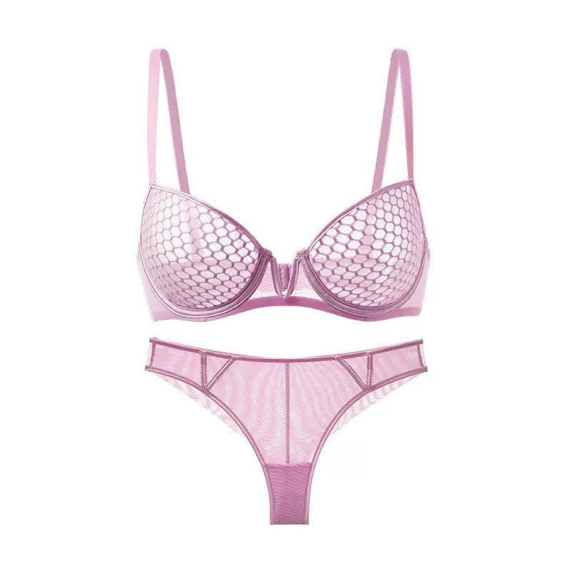Cross-Border European and American Sexy Lingerie Set Ultra-Thin Honeycomb Pattern Soft Underwire Bra Large Bust Minimizer Anti-Sagging Bra for Women