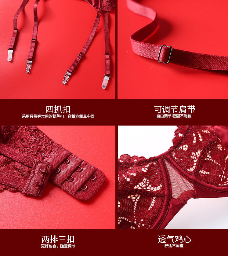 Cross-Border French Style Lingerie Sexy Lace Big Chest Minimizer Side Breast Collection Anti-Sagging Temptation Garter Stockings Bra Three-Piece Set