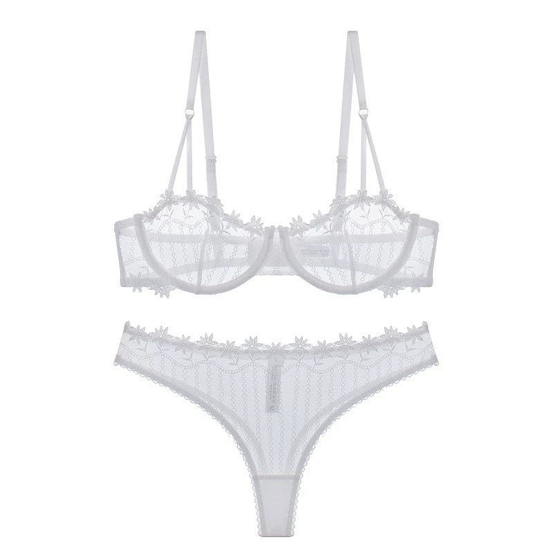 Cross-Border European and American Style French Lace Sexy Lingerie Ultra-Thin See-Through Half-Cup Embroidery Big Chest Minimizer Sexy Lingerie Set
