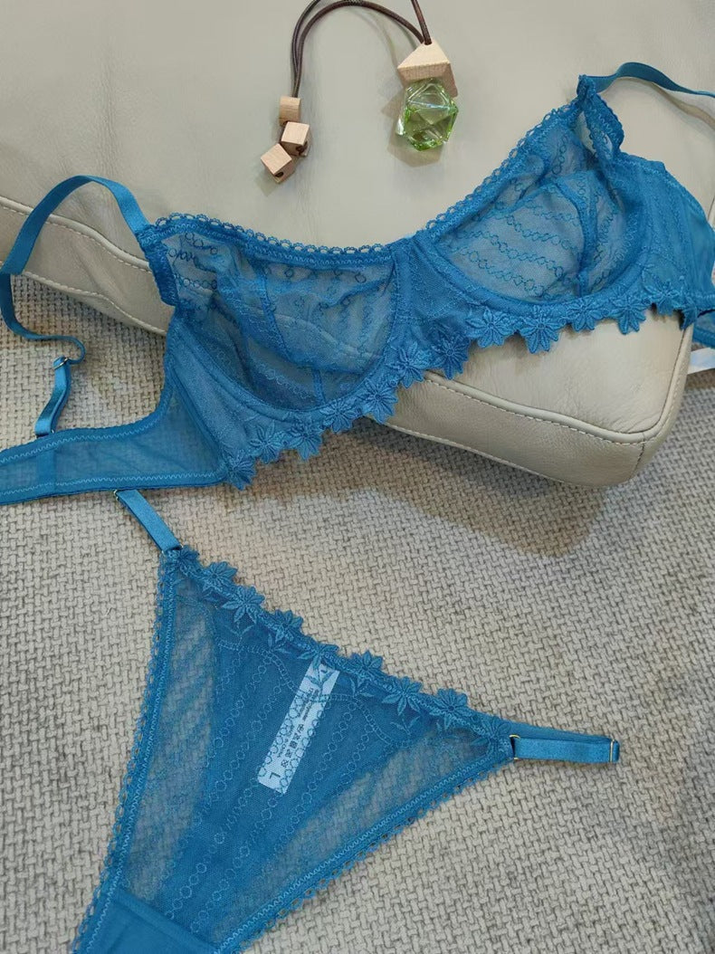 Cross-Border Sexy Lace Lingerie French Ultra-Thin Transparent Embroidery Erotic Lingerie Big Chest Minimizer Plus Size Bra Set