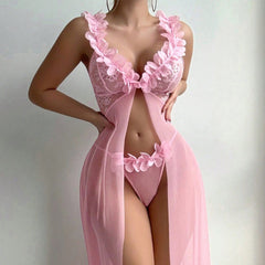 Cross-Border Foreign Trade Hot-Selling Sexy Nightdress for Women Temptation Split Lace Trim Sexy Nightgown Thong Two-Piece Set