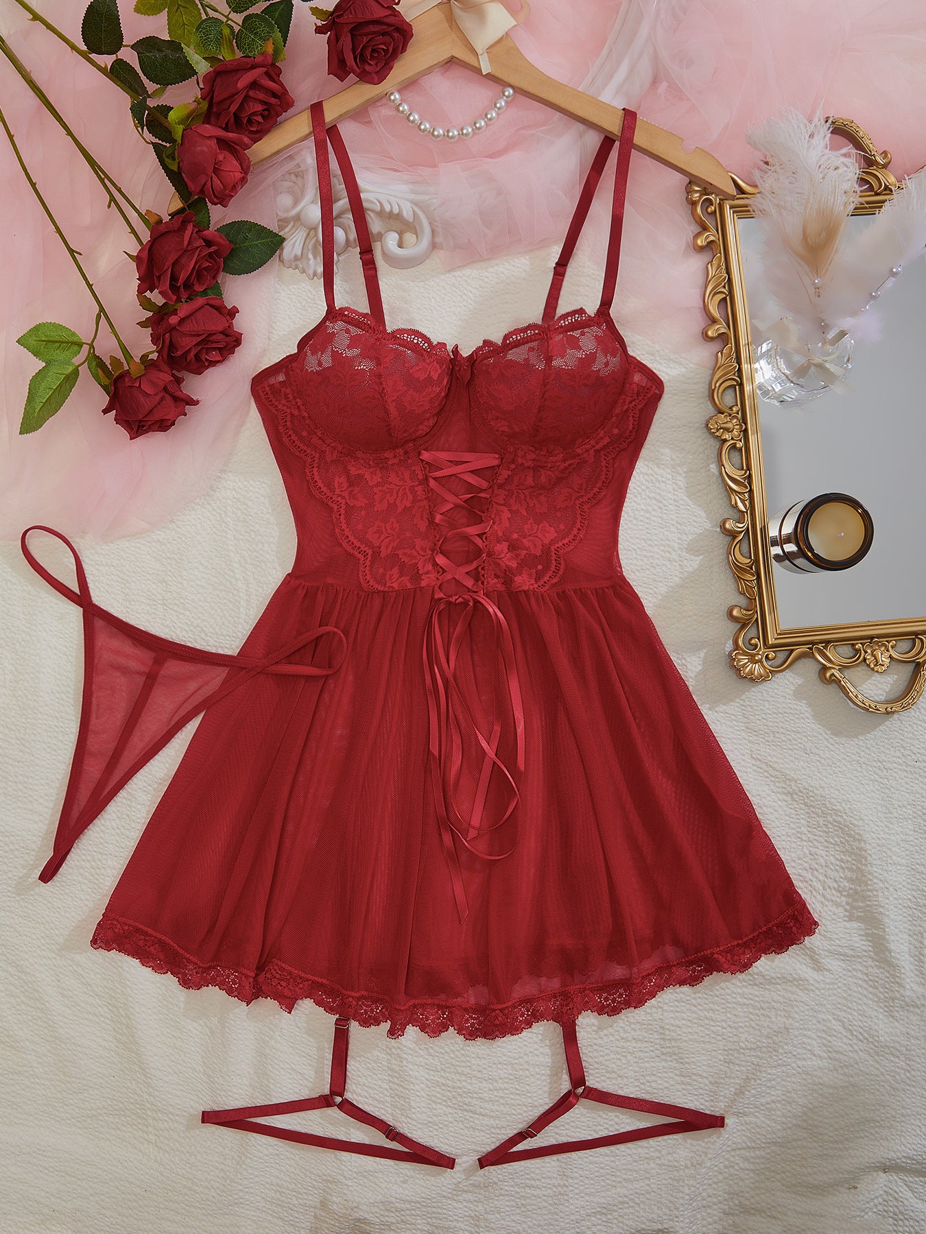 Cross-Border European and American Style French Sexy Nightdress Women's Lace See-Through Temptation Tie Mesh Strap One-Piece Lingerie