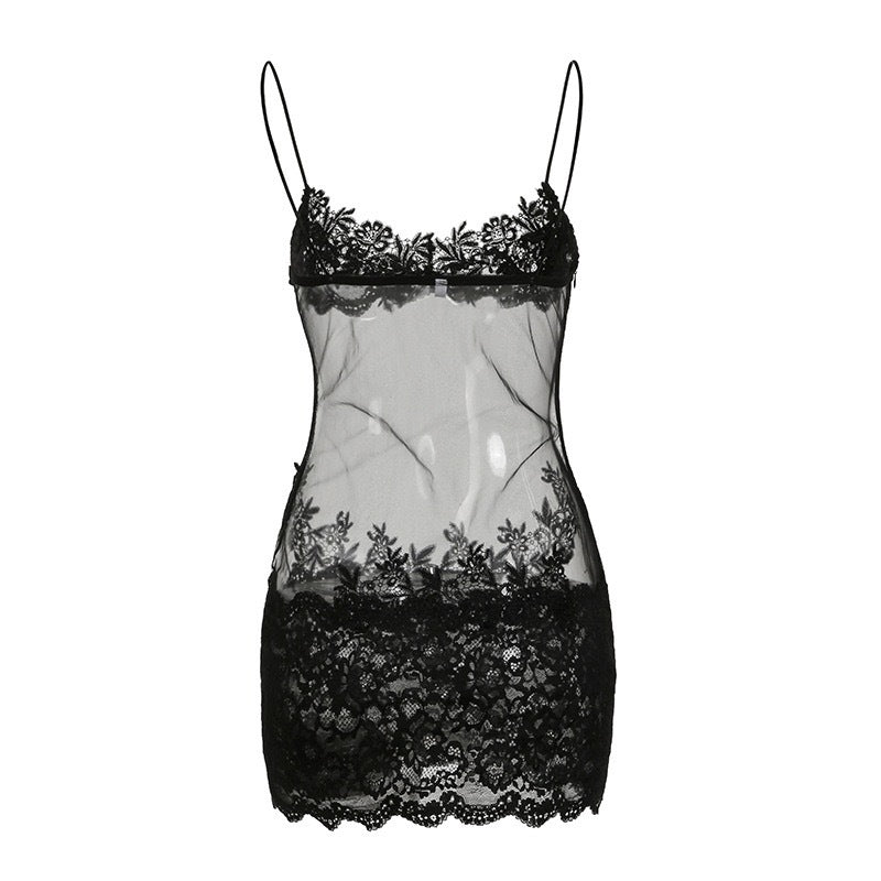 European and American Cross-Border Sexy Mesh Lace See-Through Camisole Dress V High Collar Waist Slim Fit Bodycon Skirt Hot Girl Short Skirt