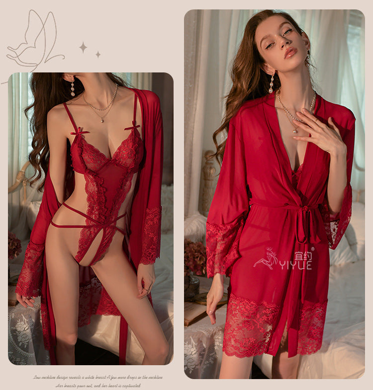 Yiyue Original Sexy Lingerie Sexy Bodysuit Women Lace Temptation Pajamas No Need to Take Off Bed Battle Robe Set8948