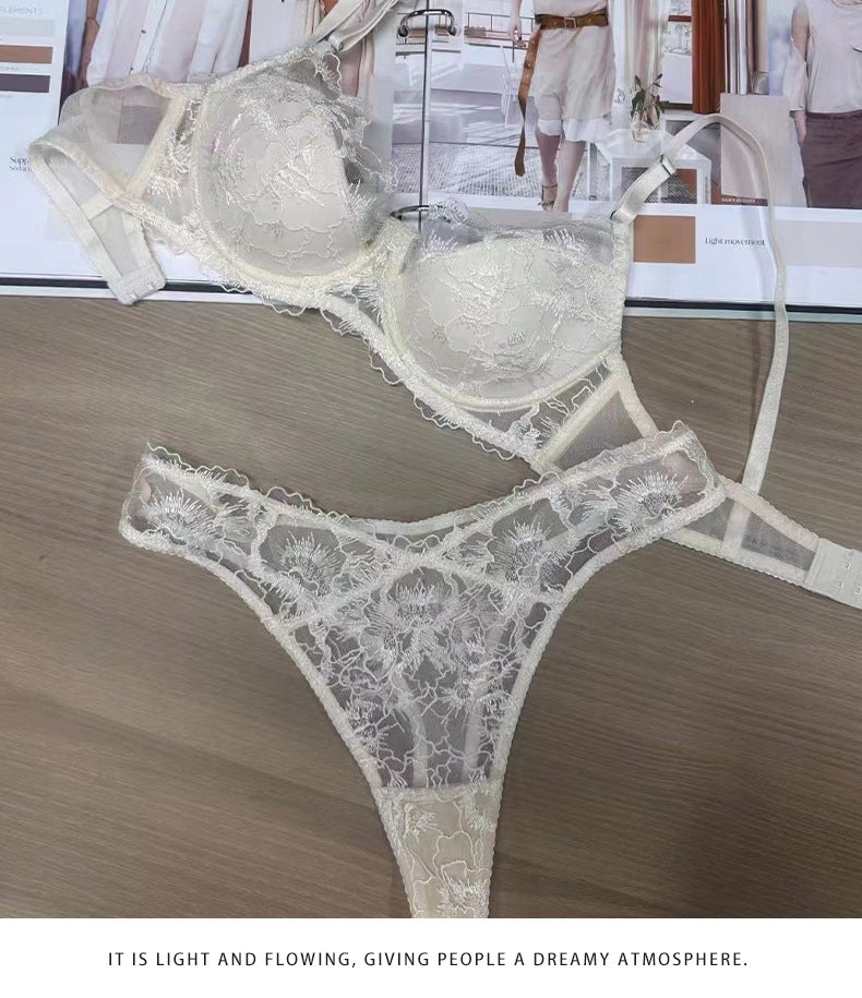 Cross-Border European and American Sexy Lingerie French Style Thin Jacquard Embroidery Lace Lingerie Large Bust Minimizer Anti-Sagging Bra