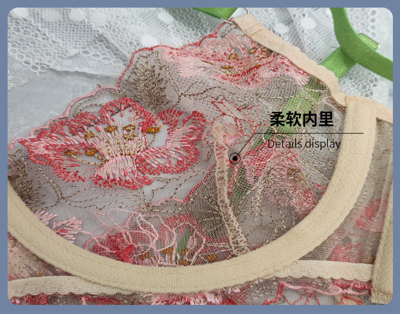 Cross-Border Pure Desire Sexy Lingerie Thin Floral Embroidery Large Bust Minimizer Anti-Sagging Lace Erotic Lingerie Set for Women