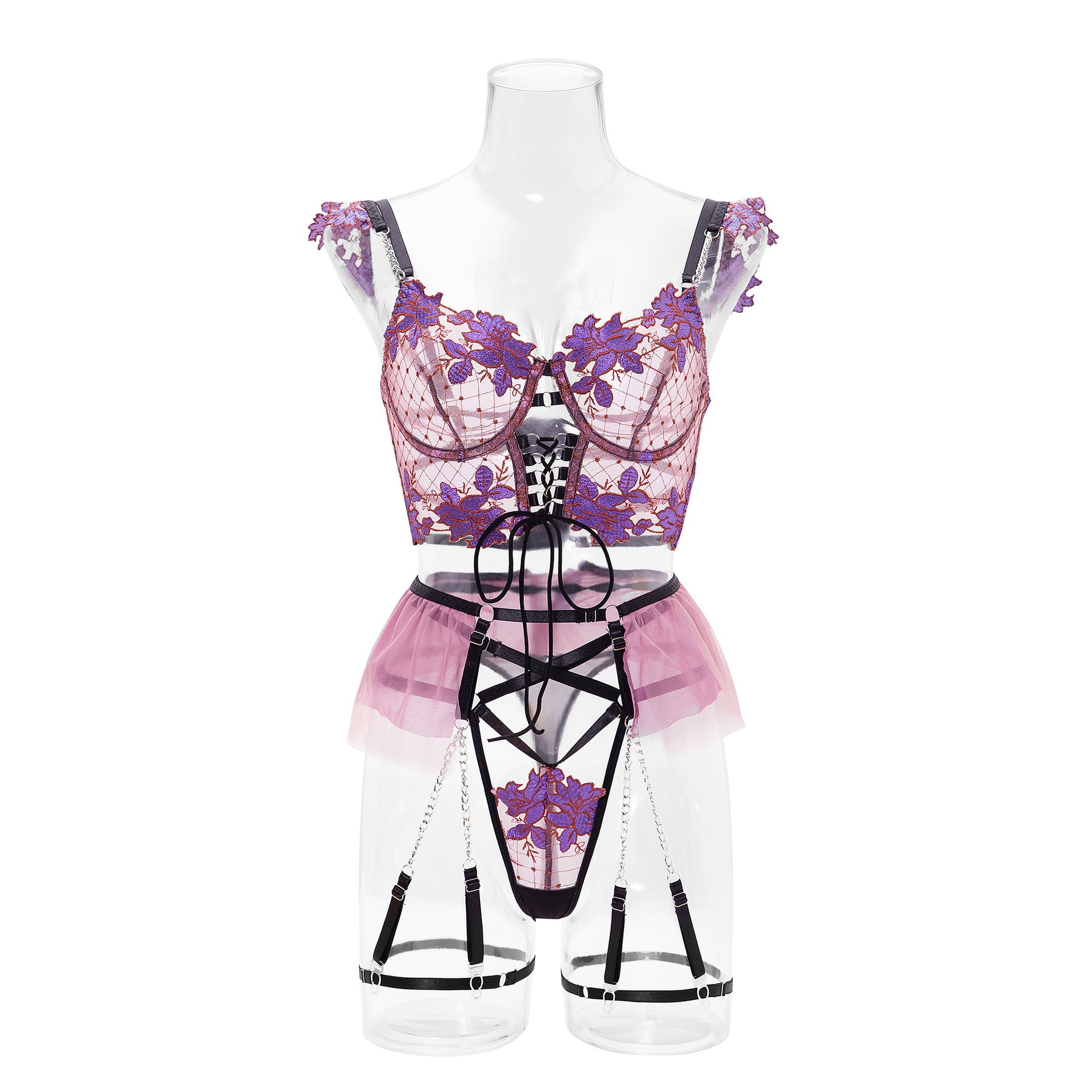 Cross-Border Sexy Lingerie for Women Ultra-Thin See-Through Floral Embroidery Lace Bra Large Bust Minimizer Sexy Lingerie Four-Piece Set