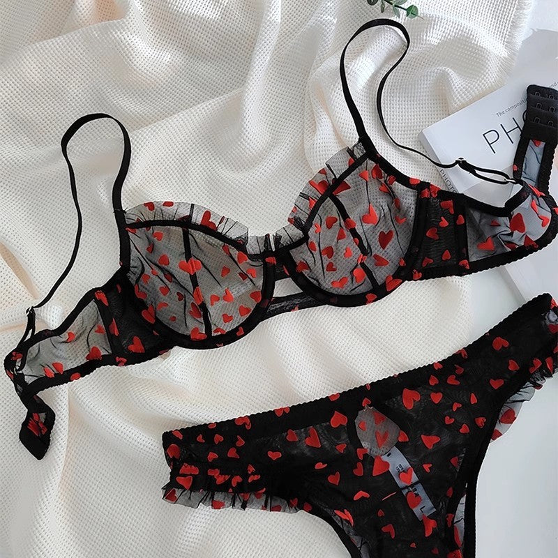 Summer Hot-Selling Cross-Border Sexy Lace Lingerie Big Chest Minimizer See-Through Heart Print Women's Erotic Lingerie Two-Piece Set