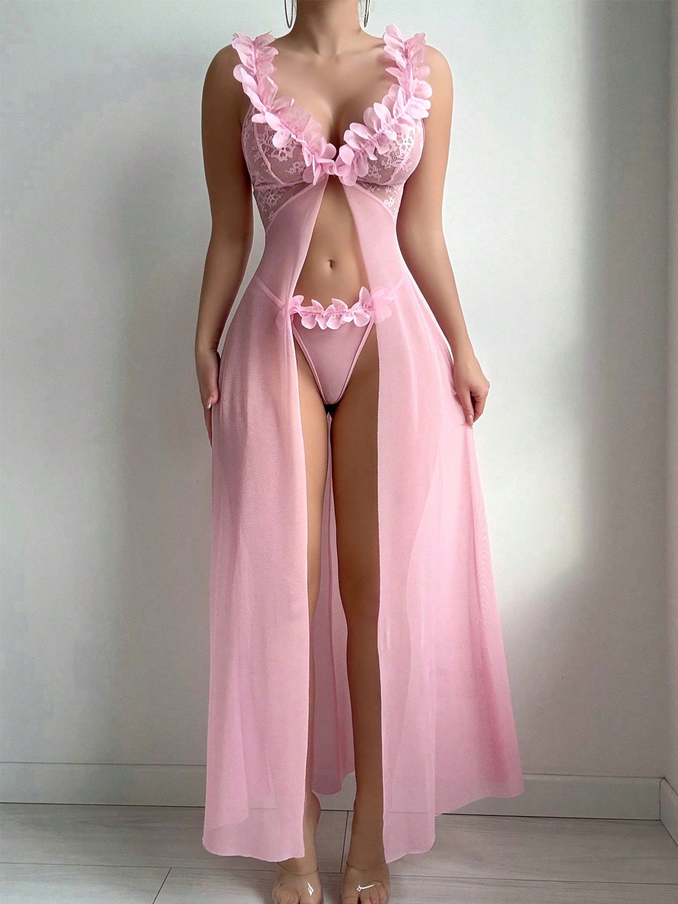 Cross-Border Foreign Trade Hot-Selling Sexy Nightdress for Women Temptation Split Lace Trim Sexy Nightgown Thong Two-Piece Set