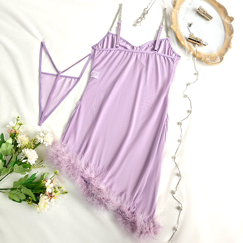 Cross-Border Strap Sexy Irregular European and American Feather Bodycon Design Dress Lace Purple Charm Sheer Nightdress