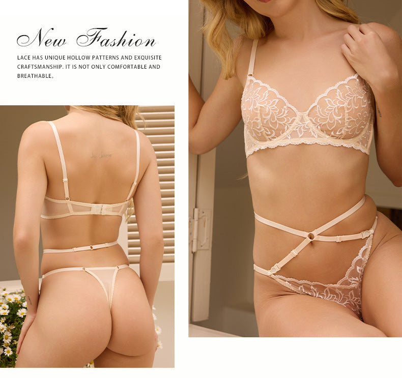 Cross-Border European and American Hot-Selling Sexy Lingerie for Women French Lace Sexy Mesh See-Through Thong Plus Size Bra Set
