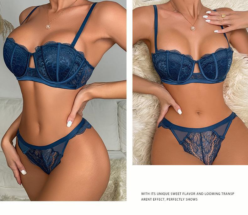 Cross-Border European and American Sexy Lingerie Half Cup Hollow Embroidery Lace Bra Small Chest Push-Up Side Breast Collection Lingerie Set
