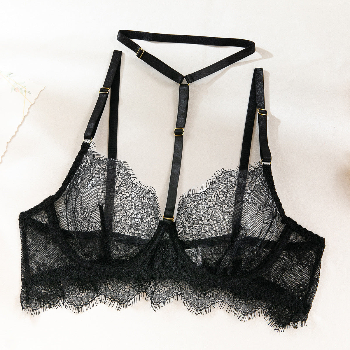 European and American Cross-Border Sexy Lingerie Four-Piece Set Sexy Hollow Lace Eyelash Halter Neck Lingerie with Detachable Leg Rings
