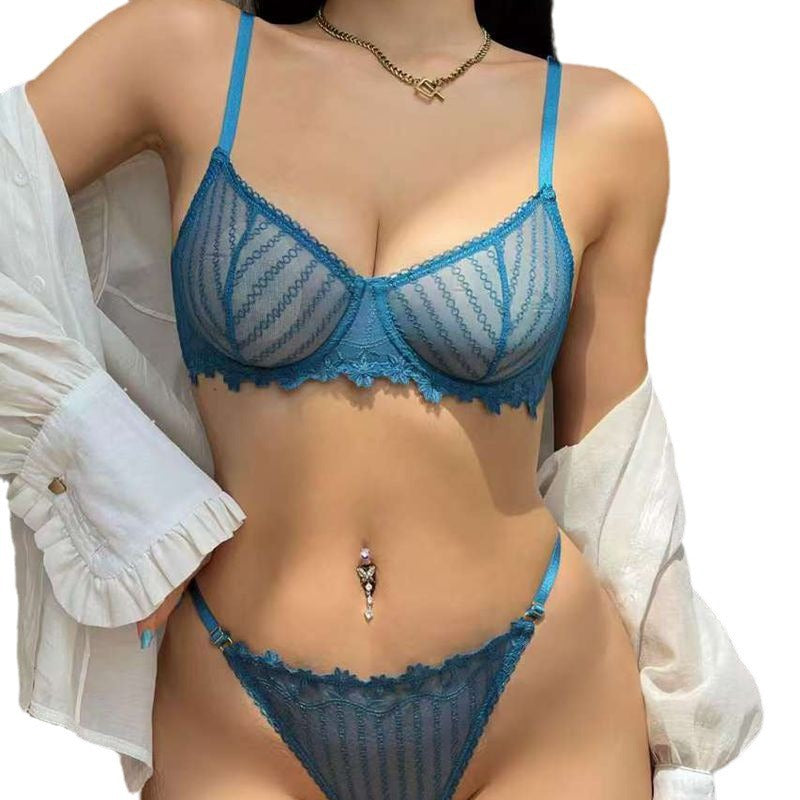 Cross-Border Sexy Lace Lingerie French Ultra-Thin Transparent Embroidery Erotic Lingerie Big Chest Minimizer Plus Size Bra Set