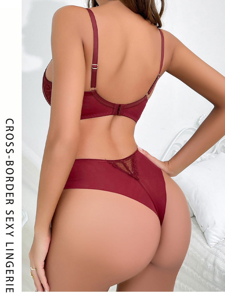 European and American Sexy Lingerie Eyelash Lace Small Chest Enhancing Push-Up Bra Anti-Sagging Side Breast Collection Bra Set